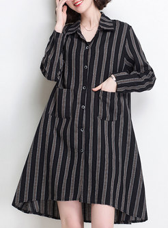 Turn-down Collar Multi-Striped T-Shirt Dress