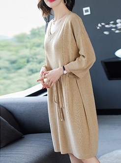 Casual V-neck Long Sleeve Loose Knitted Dress