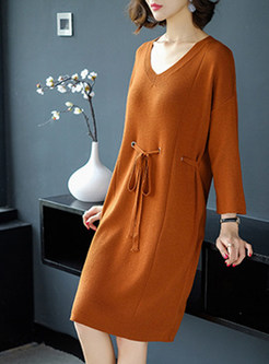 Casual V-neck Long Sleeve Loose Knitted Dress
