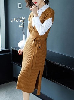 Fashionable V-neck Knitted A Line Dress