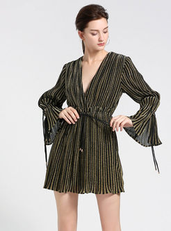 Deep V-neck Striped Hollow Out Tied A Line Dress