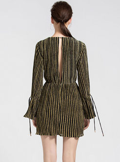 Deep V-neck Striped Hollow Out Tied A Line Dress