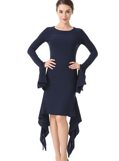 Chic Petal Sleeve Solid Color Asymmetric Dress