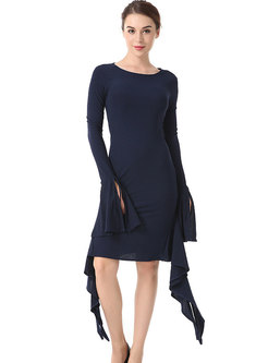 Chic Petal Sleeve Solid Color Asymmetric Dress