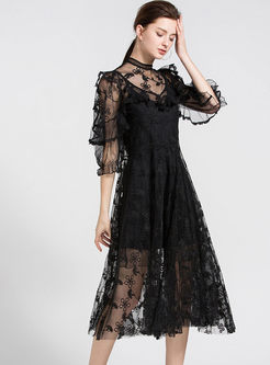 Pure Color Embroidered High Waist Perspective Lace Dress