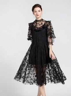 Pure Color Embroidered High Waist Perspective Lace Dress