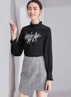 Black Stand Collar Embroidered Blouse 
