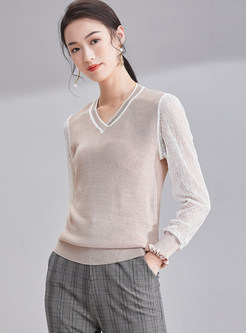 V-Neck Lace Splicing Knitted Slim Sweater