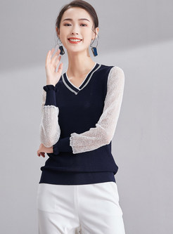 V-Neck Lace Splicing Knitted Slim Sweater