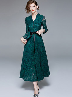 Green V-neck Lace Big Hem Maxi Dress