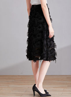 Black Elastic Waist Jacquard A Line Dress