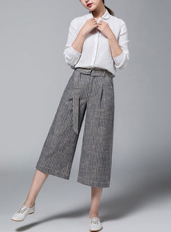 High Waisted Stripe Belted Wide Leg Pants