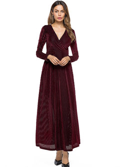 Stylish V-neck Striped Long Sleeve Maxi Dress