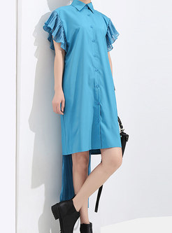 Trendy Blue Pleated Draped T-Shirt Dress 