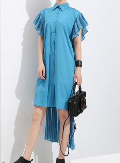Trendy Blue Pleated Draped T-Shirt Dress 