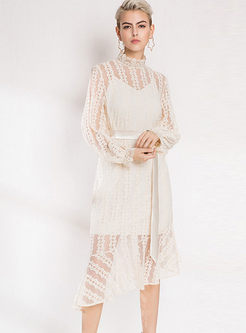  Lace Stand Collar Asymmetric Hem Belted Dress With Caim