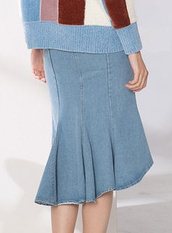 Denim High Waist Asymmetric Hem Slim Skirt