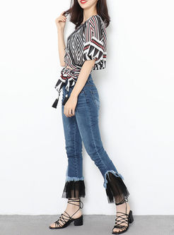 Chic Stereoscopic Print O-neck Tied Blouse