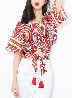 Chic Stereoscopic Print O-neck Tied Blouse
