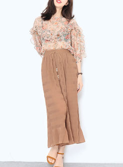 Pure Color Tied Pleated Wide Leg Pants