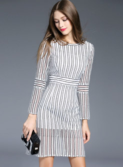 Color-block Pinstriped Hollow Out Skater Dress