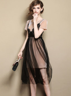 Black Mesh See-through Look Lace Sling Dress Without T-shirt