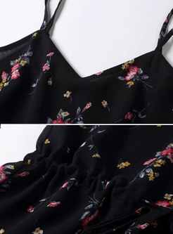 Black V-neck Floral Self-tie Sling Dress Without T-shirt