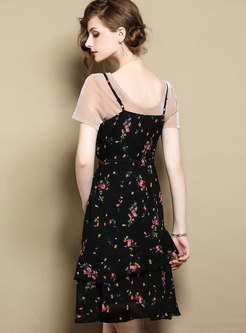 Black V-neck Floral Self-tie Sling Dress Without T-shirt