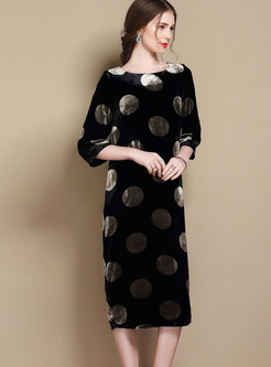 Half Sleeve Print Dots Silk Cheongsam Dress 