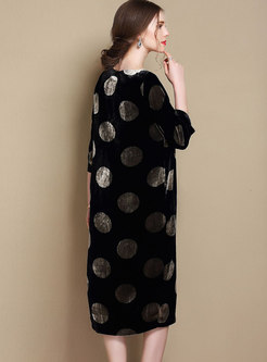 Half Sleeve Print Dots Silk Cheongsam Dress 