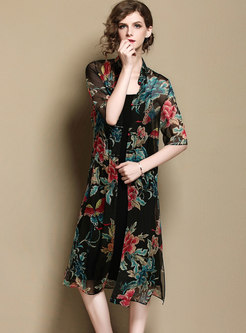 Vintage Print Silk Coat With Sling Dress