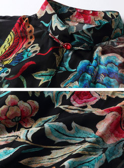 Vintage Print Silk Coat With Sling Dress