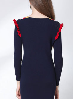 Elegant Striped Splicing V-neck Falbala Slim Knitted Dress