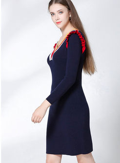Elegant Striped Splicing V-neck Falbala Slim Knitted Dress