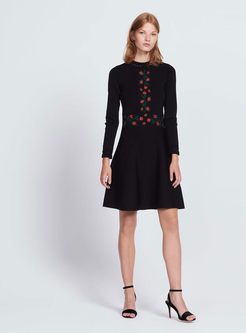 Black Embroidered Long Sleeve A Line Mini Dress