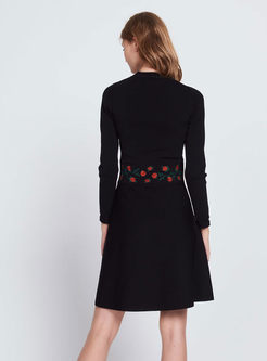 Black Embroidered Long Sleeve A Line Mini Dress