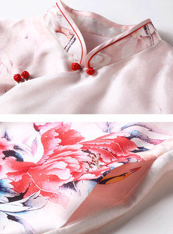 Peony Print Improved Cheongsam Slit Dress 