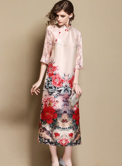 Peony Print Improved Cheongsam Slit Dress 