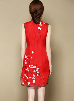 Red Vintage Sleeveless Silk Embroidered Dress