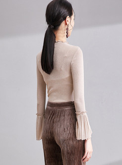 Pleated Flare Sleeve Splicing Slim Knitted Sweater