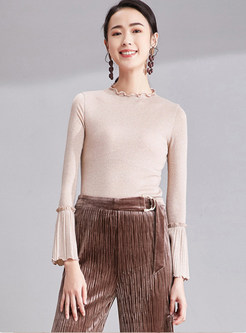 Pleated Flare Sleeve Splicing Slim Knitted Sweater