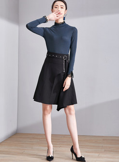Black Asymmetrical Hem Belted Skirt