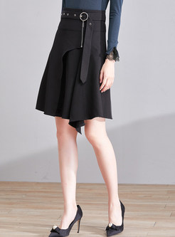 Black Asymmetrical Hem Belted Skirt