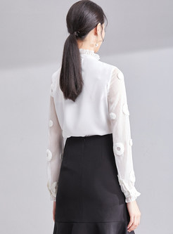 White Stand Collar Perspective Long Sleeve Blouse
