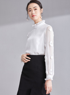 White Stand Collar Perspective Long Sleeve Blouse