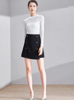 Solid Color Double-breasted Irregular Hem Skirt