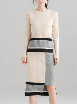 Color-blocked O-neck Knitted Top & Asymmetric Skirt