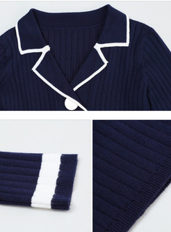 Elegant Navy Notched Slim Short Sweater