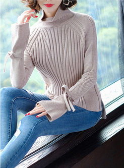 Turtle Neck Flare Sleeve Knitted Sweater
