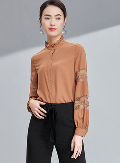 Stand Collar Hollow Out Lace Splicing Blouse